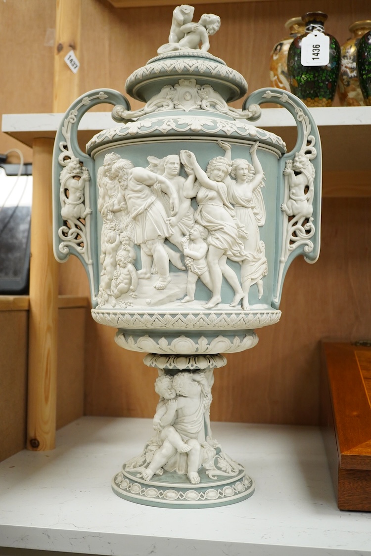 A large late 19th green jasperware two-handle vase and cover by J. Ridge, 58cm